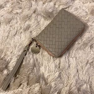 Gray pink and gold wristlet wallet